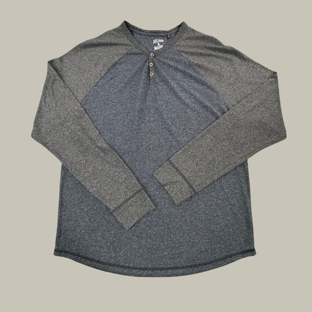 Julian & Mark Mens XL Henley Shirt Blue Grey Raglan Long Sleeve Cotton Blend
